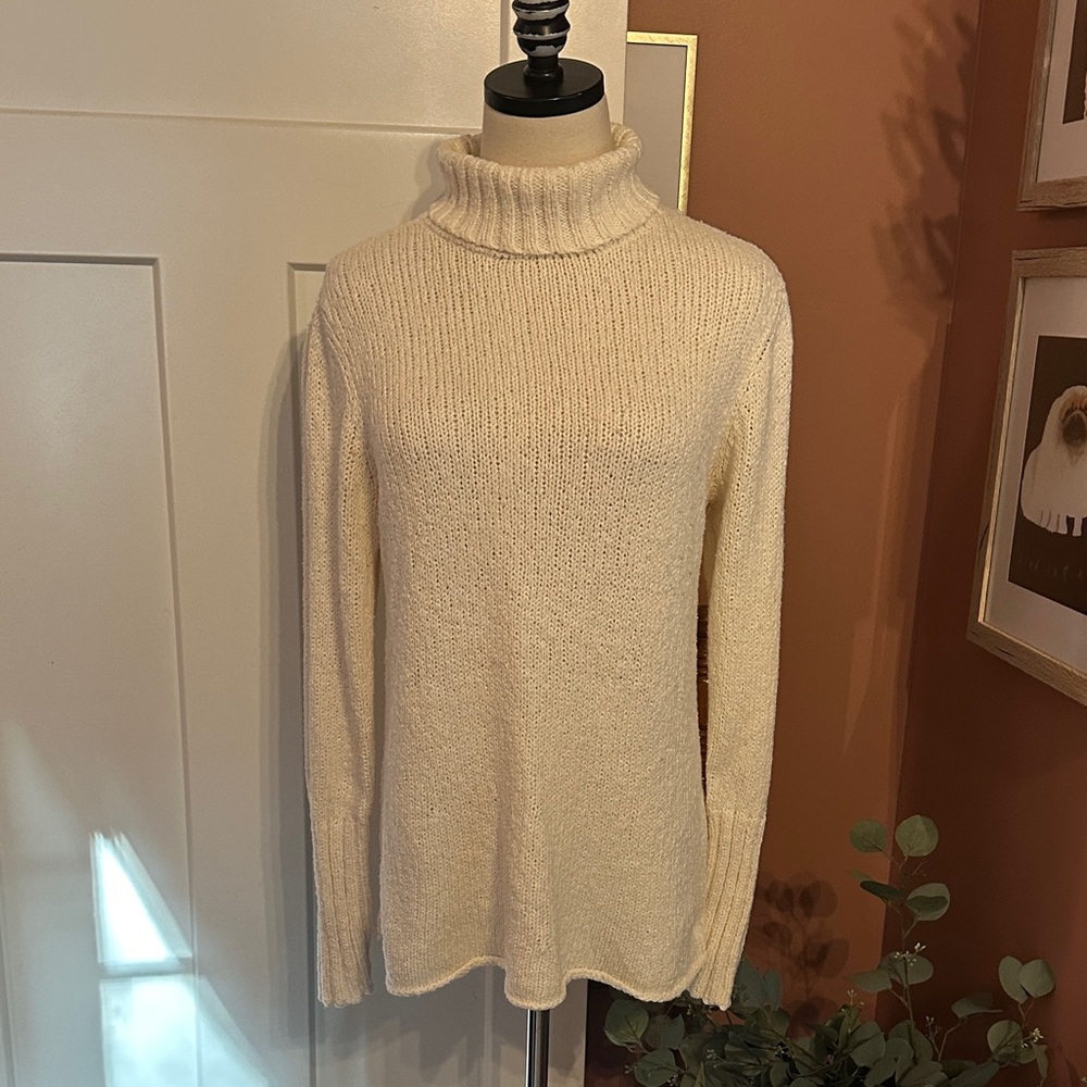Eileen Fisher Peruvian organic cotton rolled hem M Cream Turtleneck Sweater - Picture 12 of 12